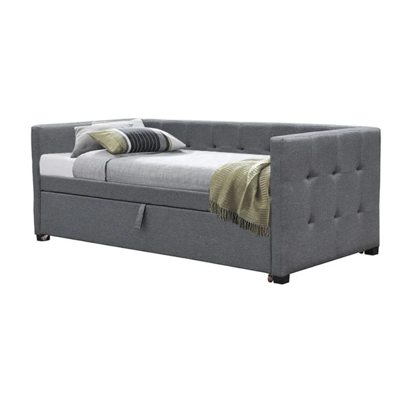 Single size Grey Charcoal Fabric Upholstered Day Bed with Pull Out Guest Trundle Bed