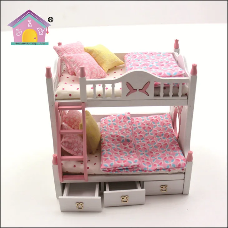 New diy miniature wooden pink doll bed furniture for children,dollhouse miniature bed wholesale