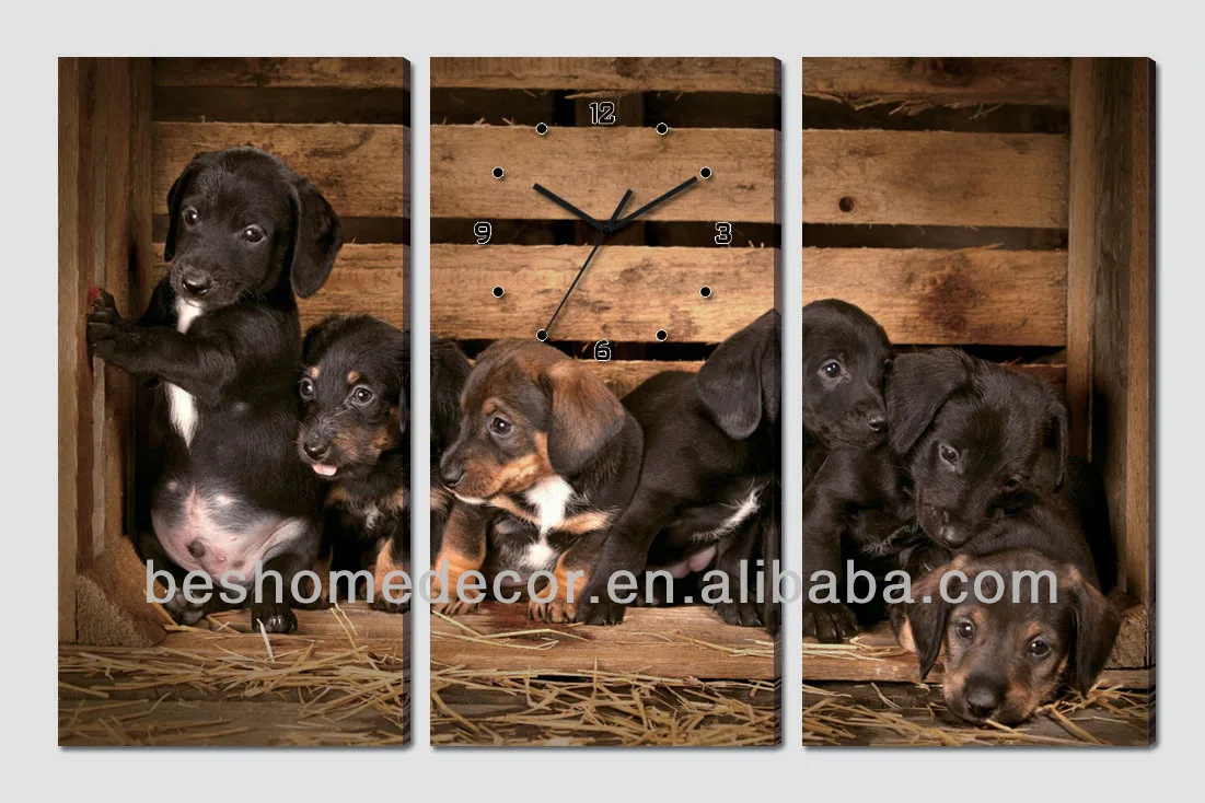 дорогие животные стены искусства с часами, часы стены холст из 3 частей