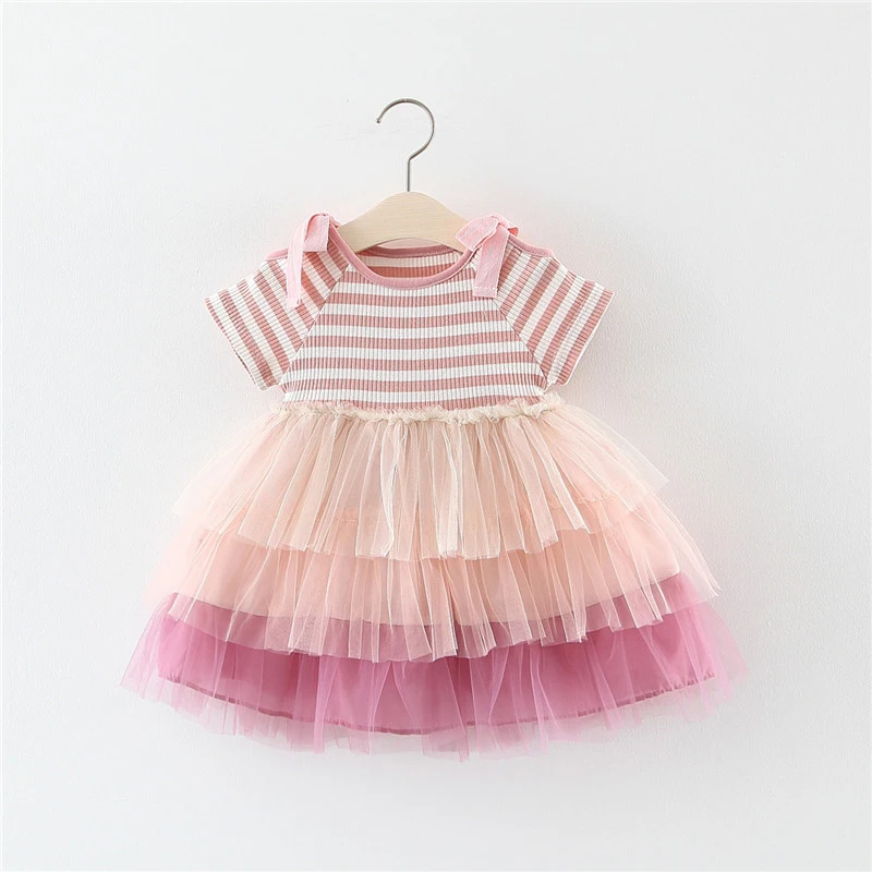 Newest design striped birthday girls layered dresses summer dance short sleeve knitted princess cute cake skirt
