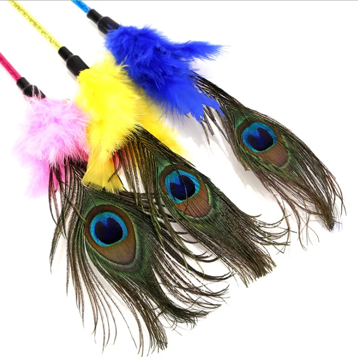 Cheap interactive cat teaser toy purely handmade peacock colorful feather bells for cat