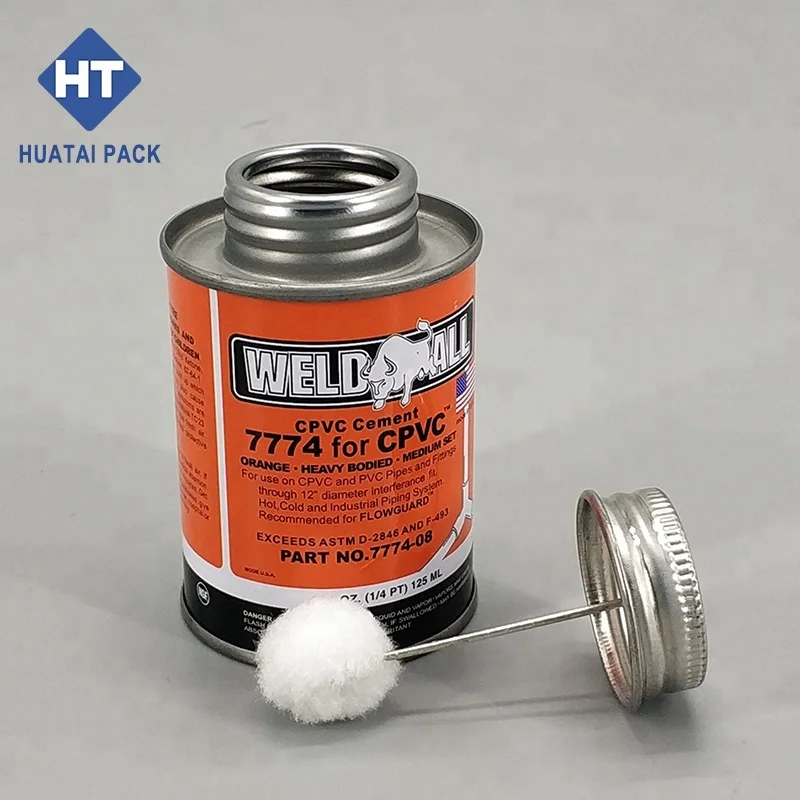 screw top empty metal tin cans with bristle brush for pvc adhesive glue packaging, monotop can with applicator