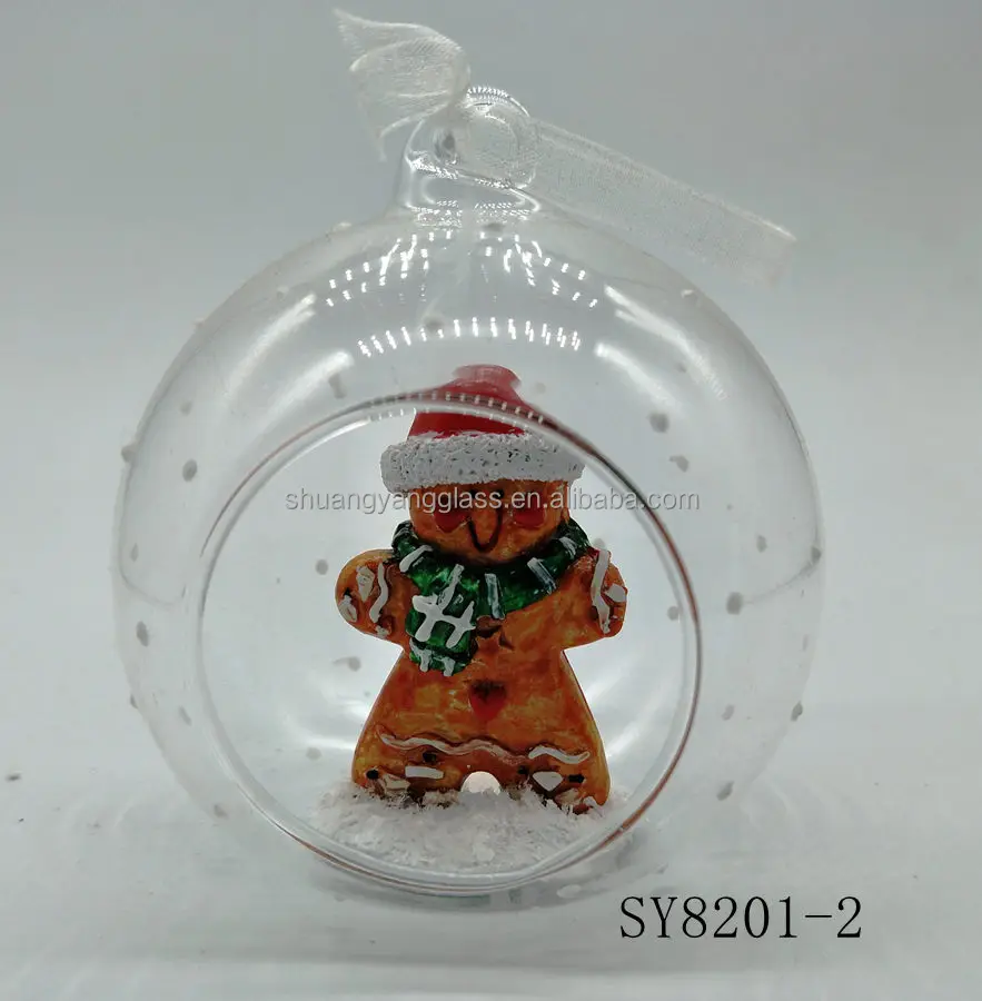 Hotsell hanging 8cm transparent glass open ball with snowman,gingerbread Man and Father Christmas  inside Christmas decorations