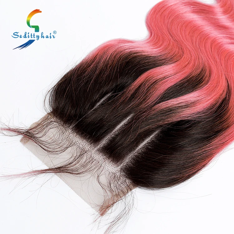 Wholesale Virgin Human Hair Body Wave 4*4 Top lace Closure Color 1b/pink