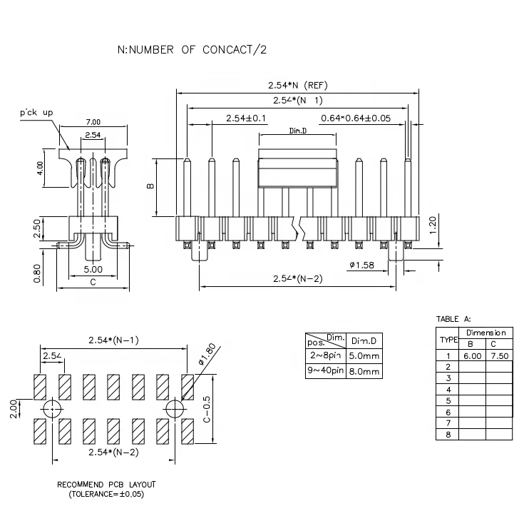 L=10 2.54mm 2*40P dual row 100pcs per bag male header SMT connector