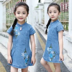 Заводская цена, китайский стиль, джинсовая ткань, Чонсам с вышивкой, джинсовое платье