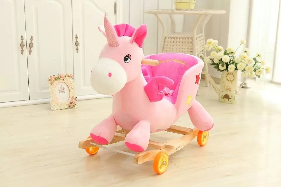 60*35*50cm Adorable ICTI and Sedex audited new design plush rocking pink unicorn animal chair toy with wooden base&music