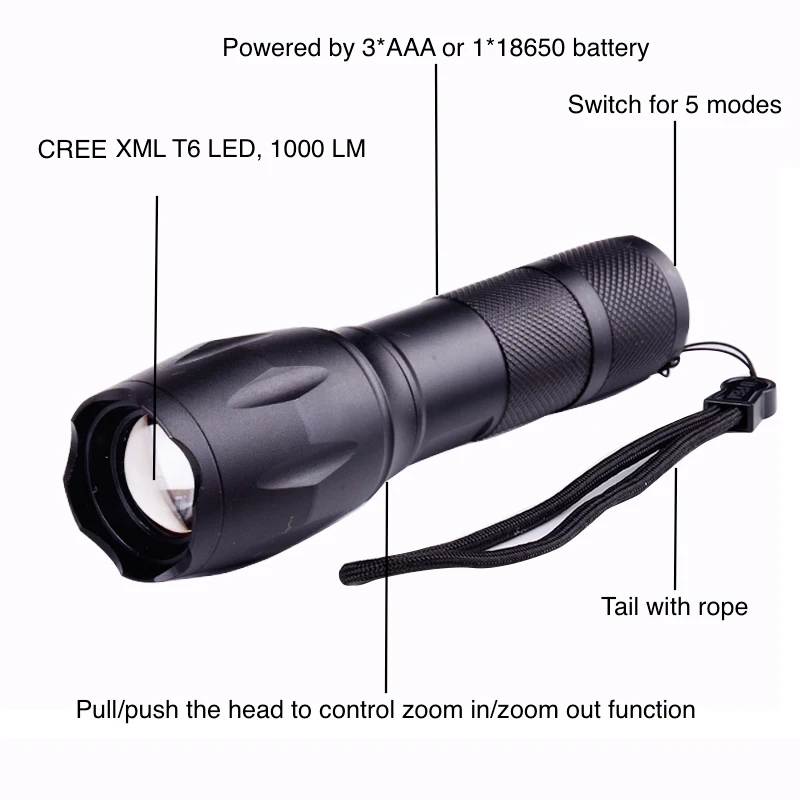 Ningbo Super Bright 10W 1000lm XML T6 LED 5 Modes 3*AAA or 1*18650 Battery Most Powerful Zoom LED Torch Flashlight For Camping
