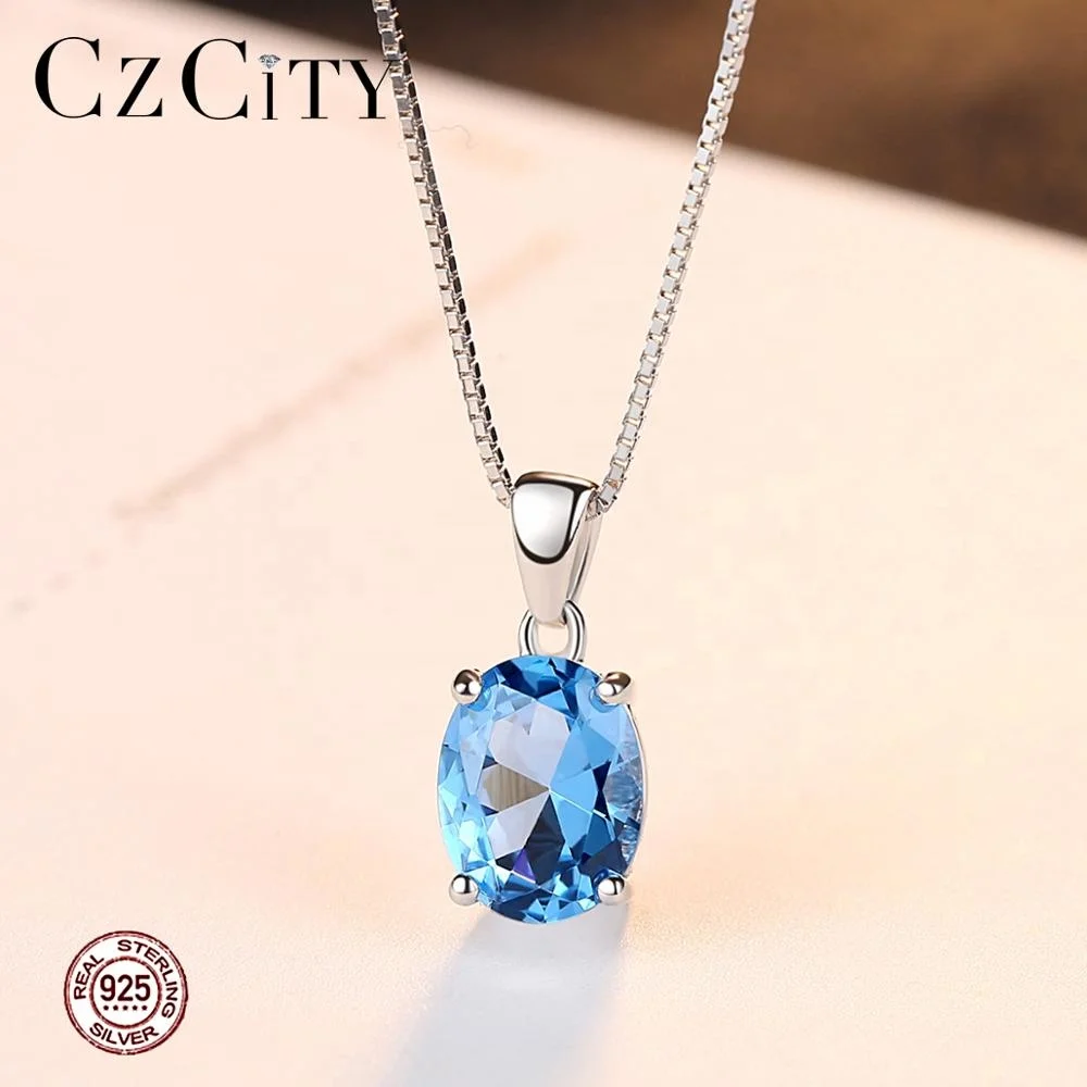 CZCITY Sky Blue Topaz Stone Pendant Oval Shape Natural Stone 925 Sterling Silver White Gold Plated Chain Necklace for Women