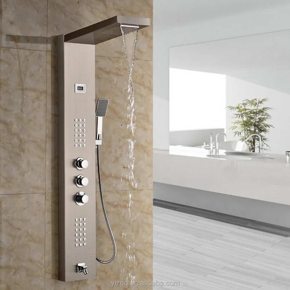 
Wholesale and Retail Brushed Nickel Thermostatic Shower Panel Waterfall Rainfall with Massagers Jets 