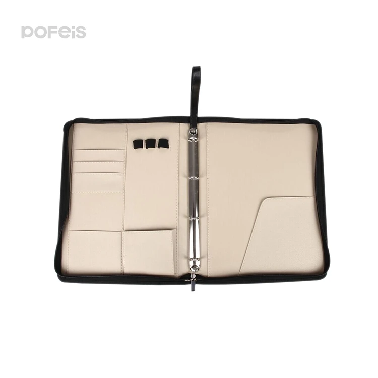 Embossed silk printing genuine leather A4 compendium Zip around smooth leather strap business portfolio