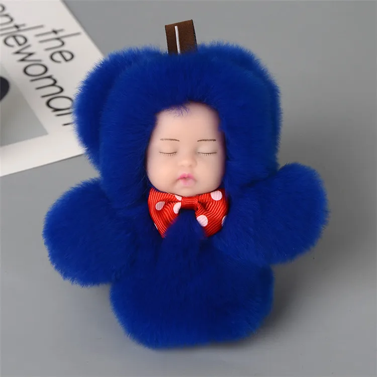 Factory wholesale lovely sleeping baby shape rex rabbit fur key chain plush doll keychain