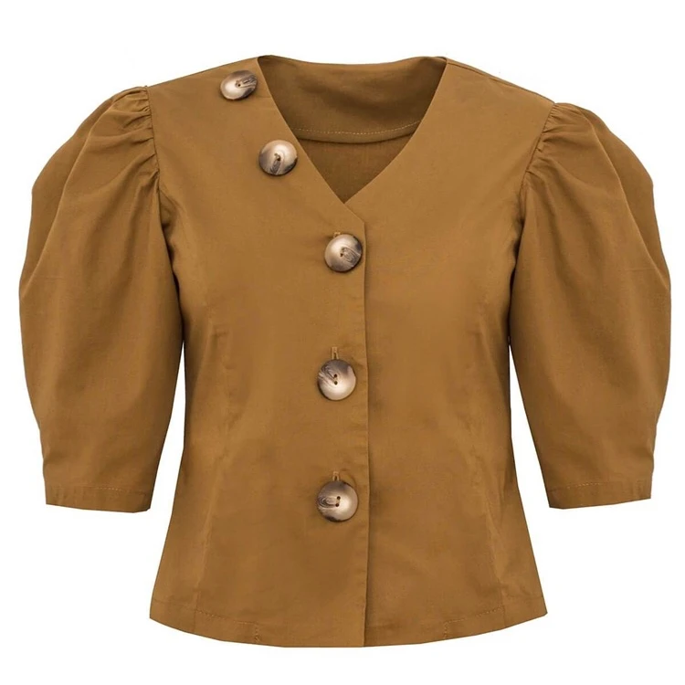 
Cheap Price Women Retro Puffy Sleeve Brown Oversize Buttons Short Blouses Cotton Shirts 