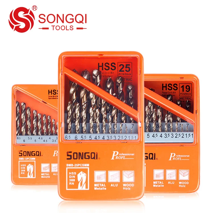 SONGQI 13PCS/19PCS/25PCS Hss M35 Twist Drill Bits Set for Drilling Stainless Steel in Iron Box