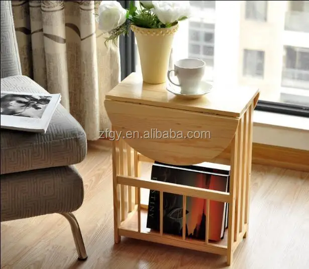 Folding wooden modern side coffee table with magazine rack