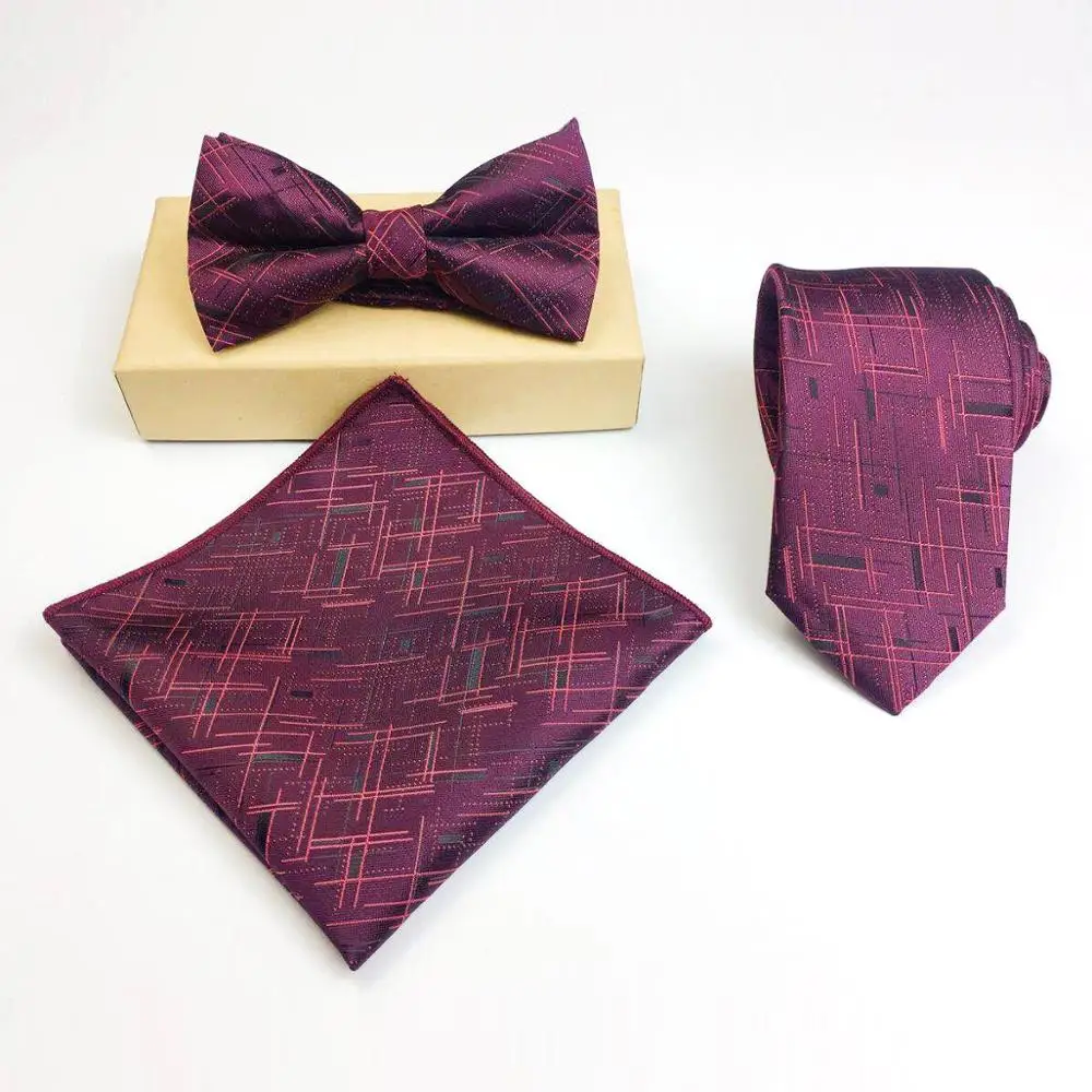 Мужском стиле полиэстровый галстук с цветочным принтом с галстуком-бабочкой и нагрудный платок комплект