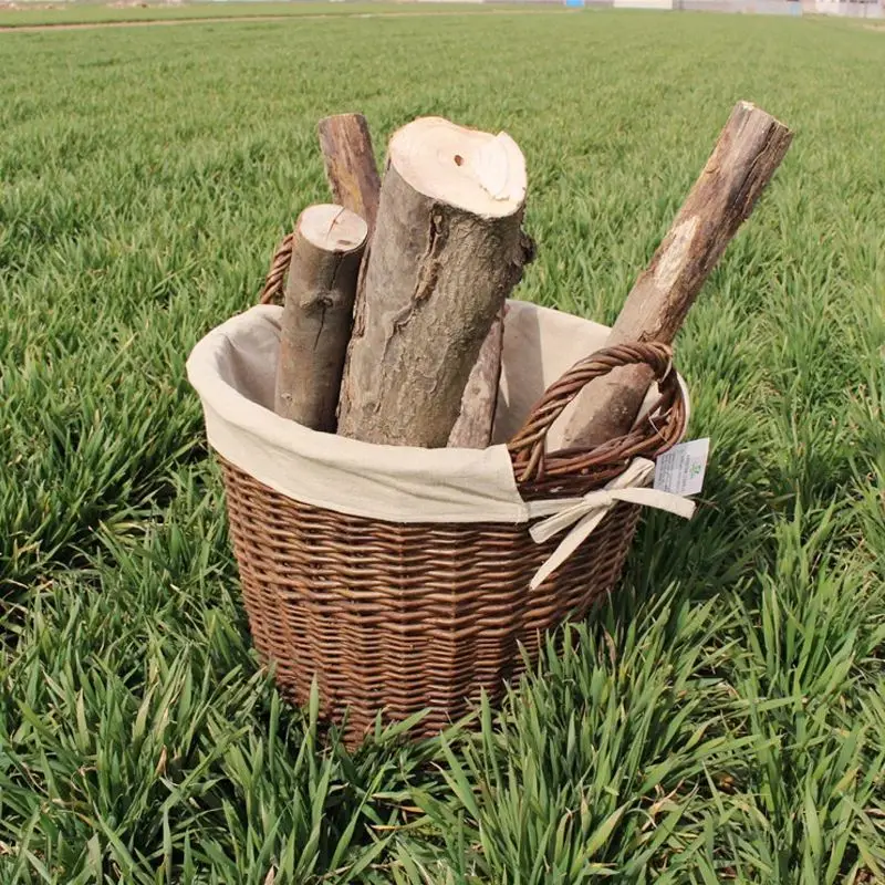 Wooden Garden Small Round Wicker Log Basket With Lining