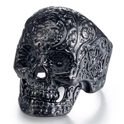 Hiphop style Gold Ion Plated Flower Skull Titanium Rings for men women In Stock