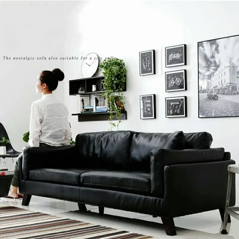 Mid-Century Modern Leather Sectional Sofa Set European Design Style Convertible Wood PU Furniture for Living Room for Home Use