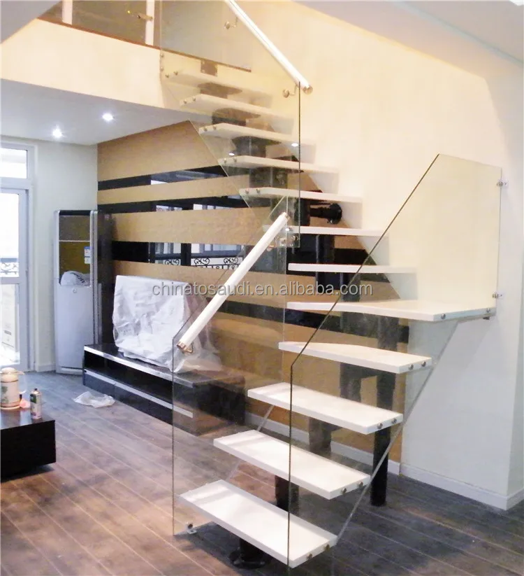 Internal home use glass wood floating stairs design