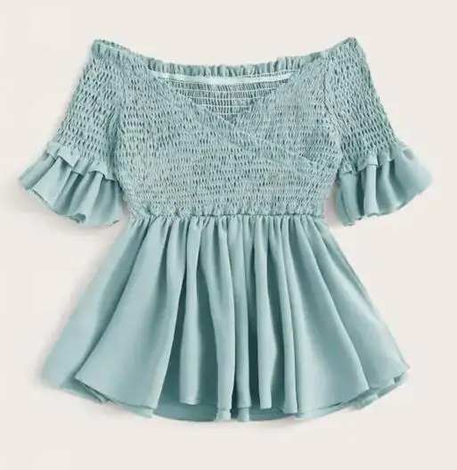 Fancy Women Ruffle Top Crossover Shirred Off Shoulder Blouse Summer Shirt / Blouse for Women Casual OEM Service Custom Sky Blue