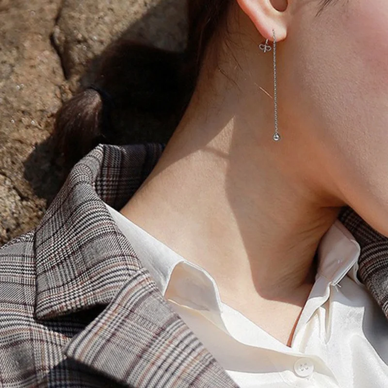 925 Silver Chain with 4MM Ball Long Earrings for Women Silver Jewelry Simple Ear Wire Prevent allergy