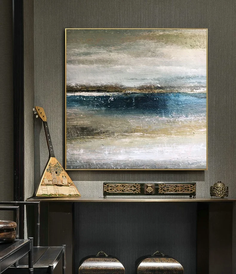 Abstract Artwork Painting Oil Wall Art Village Living Room Decorative Handpainted Canvas Blue Color Oil Painting Green Leaves