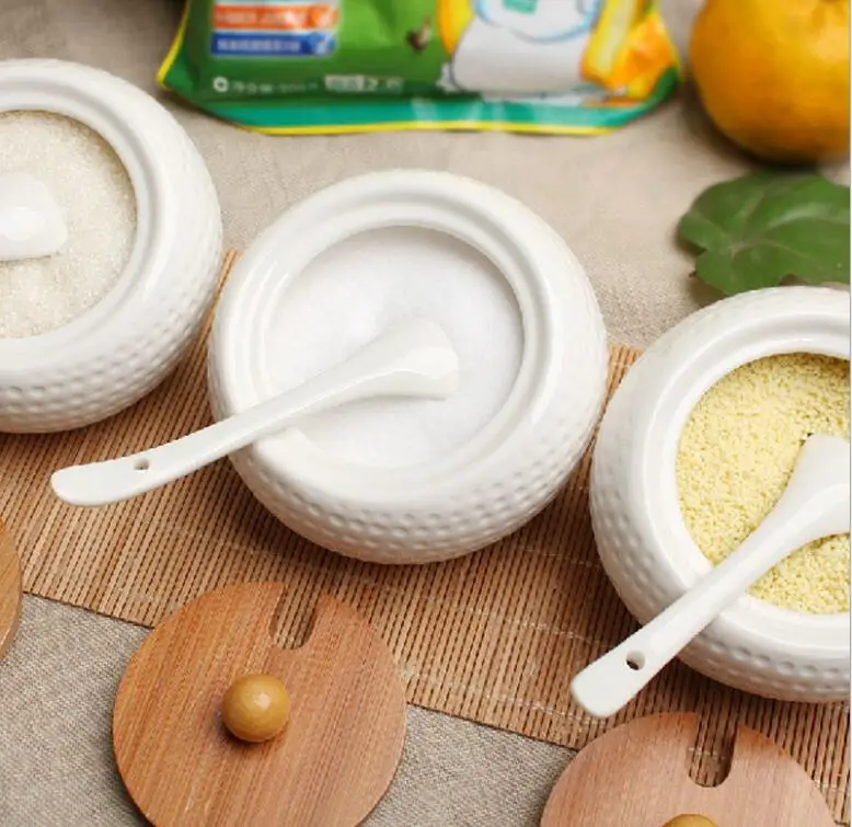 High quality round shape slanted storage custom white kitchen 3 pcs spice ceramic canister with wooden lid