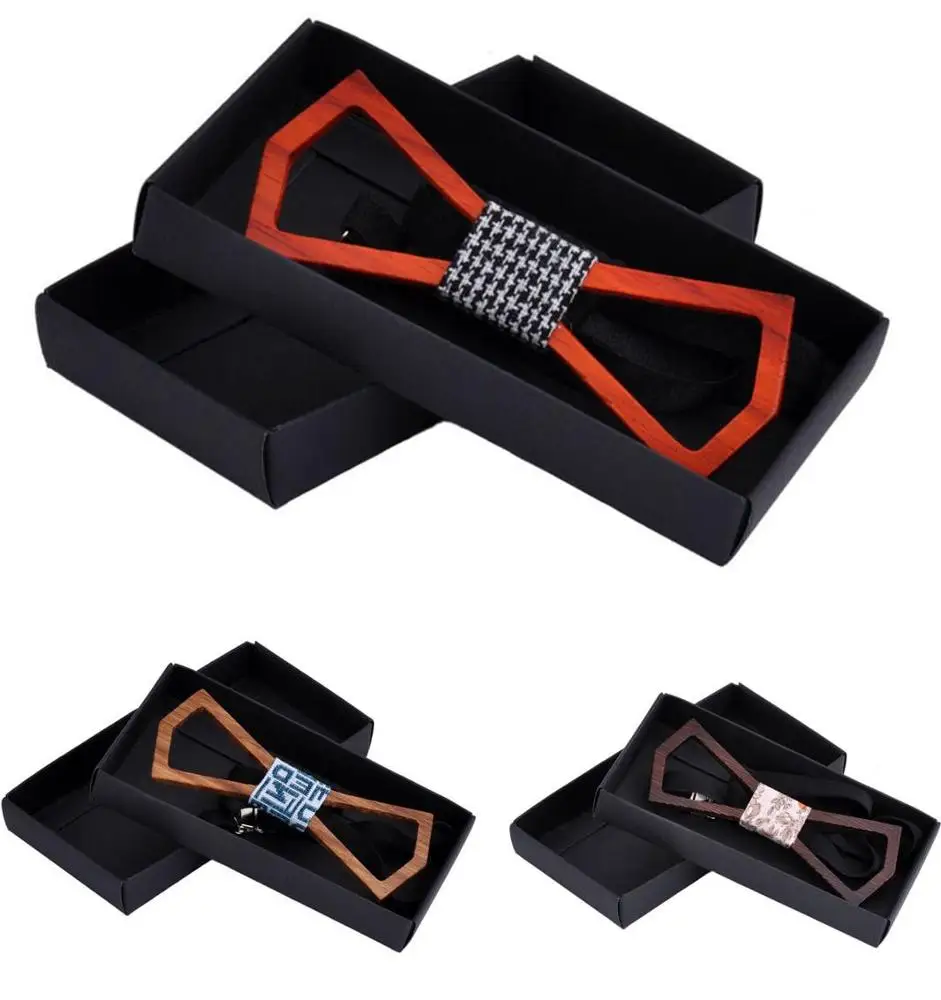  High-end mens wooden bowtie set with gift box Customized wood bow tie and pocket