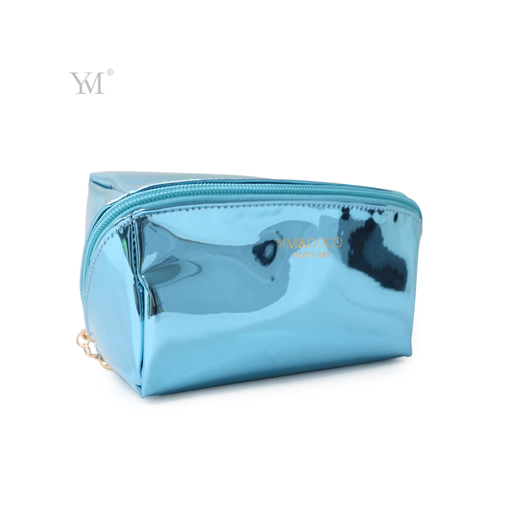 Shiny blue custom clutch travel makeup cosmetic set bag for gift