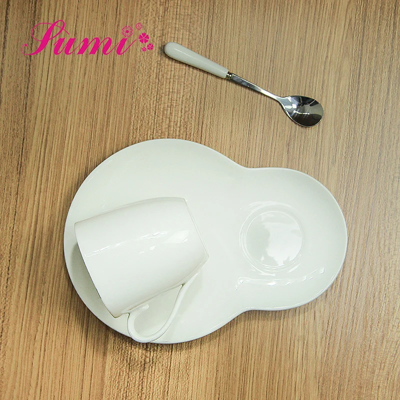 Oem greek eco reusable white ceramic coffee cup set with plate  with spoon