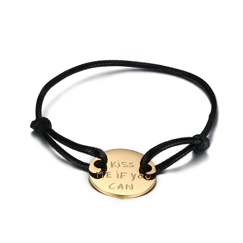 Wholesale New Design Kiss Me If You Can Adjustable Leather Rope Round Stainless Steel Tag Bracelet For Couple Bracelet