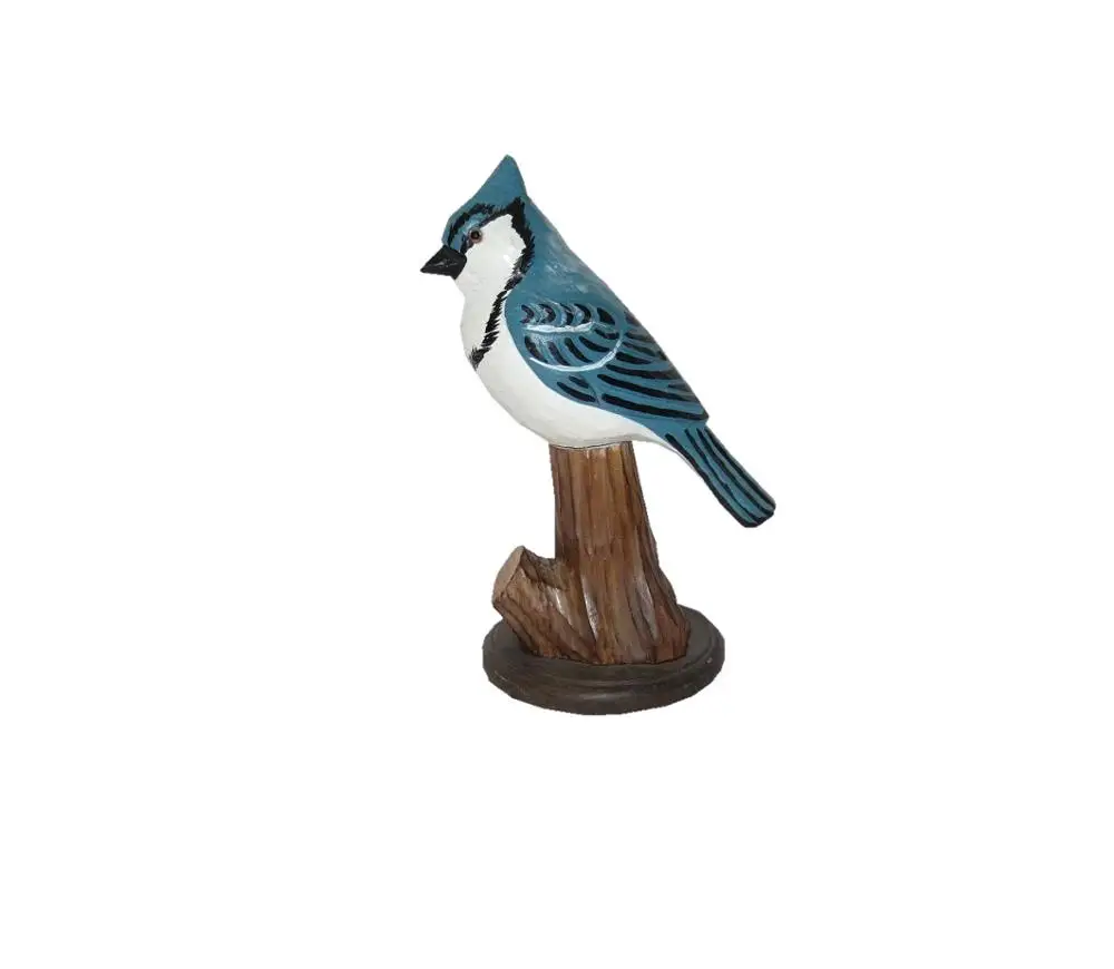 Factory Wholesale Wooden Carving Birds Model Crafts Decoration Blue Jay Carved Wooden Bird