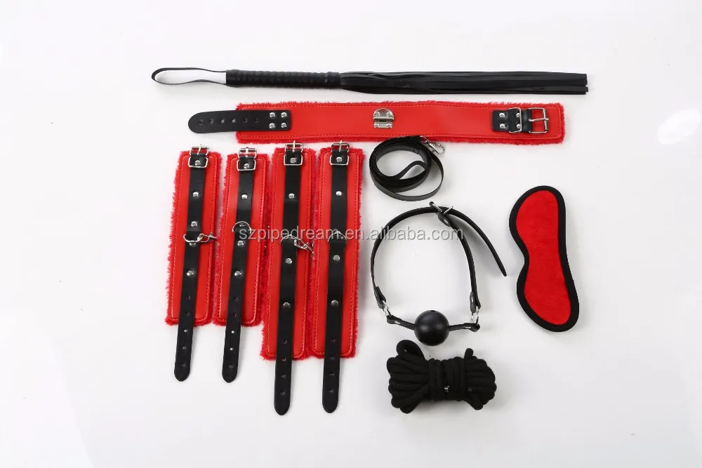 Sex Bondage Fetish BDSM Roleplay Handcuffs Whip Rope Blindfold Ball Gag with PU Leather Slave Bondage Kit Set
