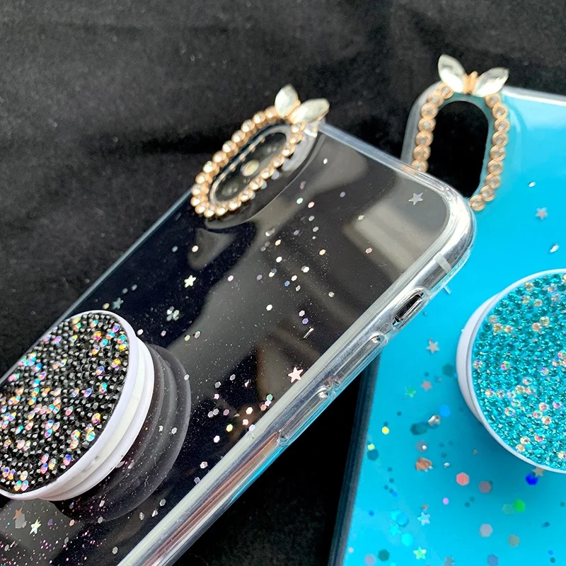 
Hot Sale Acrylic Case with Diamond Airbag Stand Holder Glitter Phone Case For Girls 
