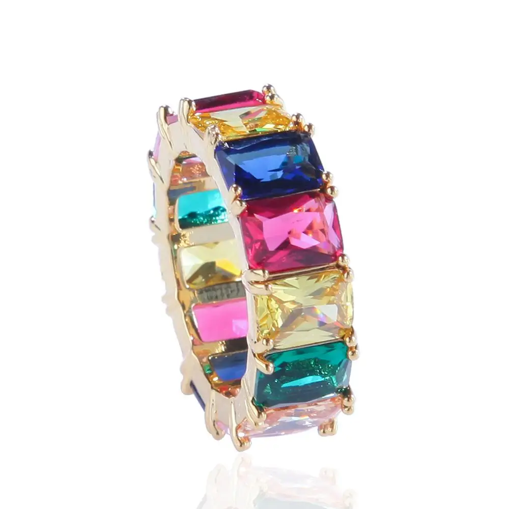 High Quality CZ Rainbow Baguette Ring Zirconia Diamond Ring Gold Plated Women Men Rappers Jewelry