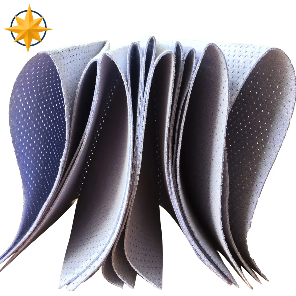 Blue/yellow needle punched pu coated leather chamois fabric with hole