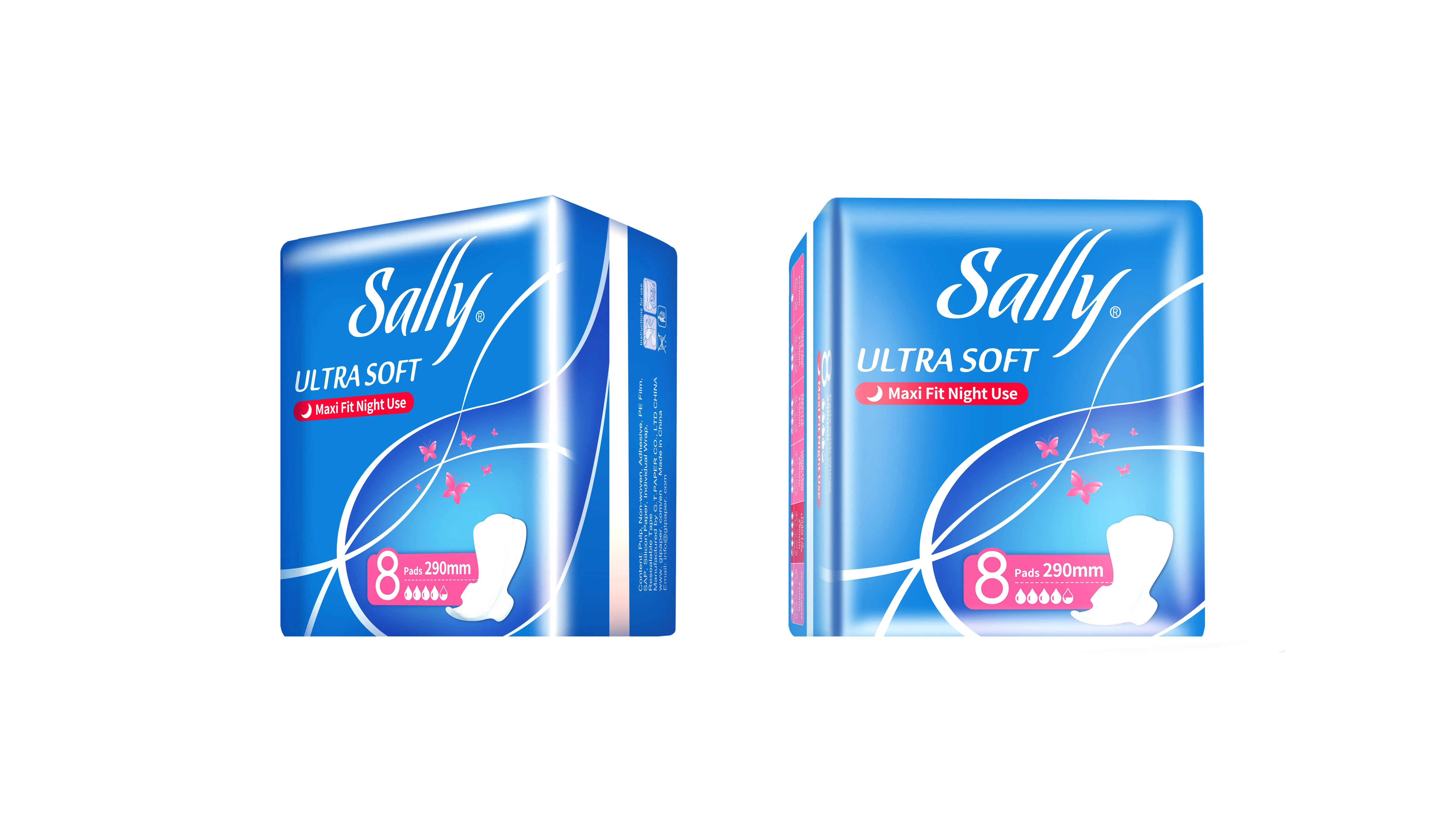 
Sally brands custom private label 290mm maxi fit night use 8 pads with wings sanitary napkins 
