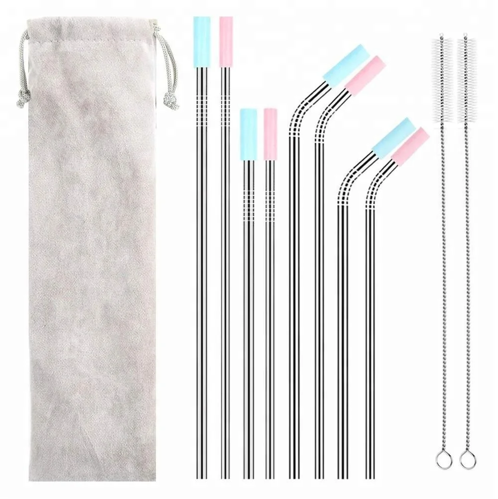 
Wholesale Custom Logo Reusable Stainless Steel 304 Drinking Straws Metal Straw with Silicone Tips & Cleaning Brush 