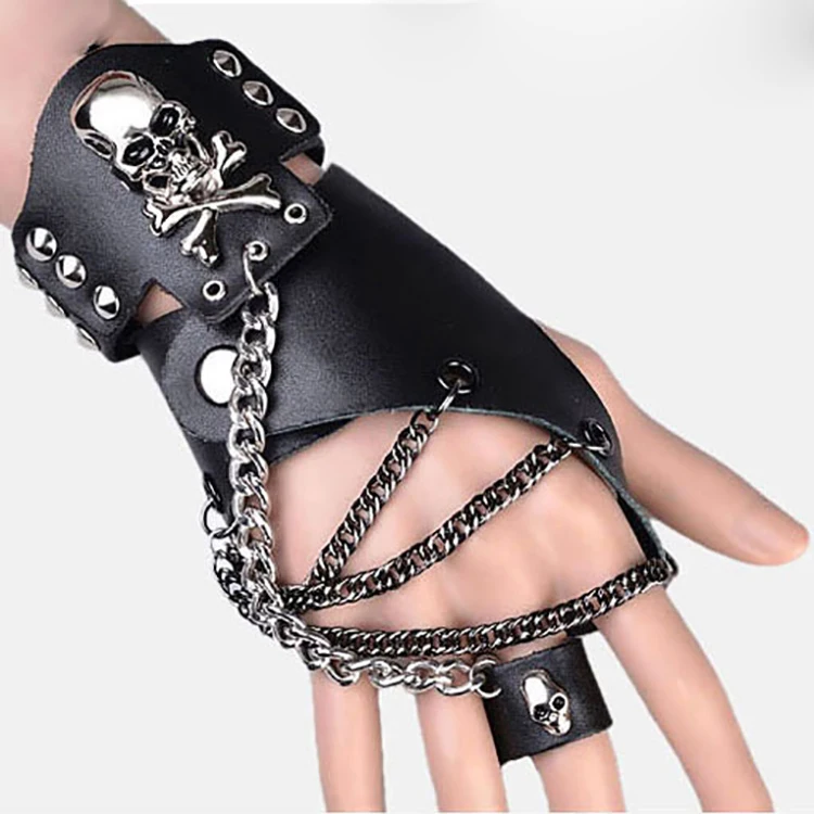Black Fingerless punk unlined leather gloves