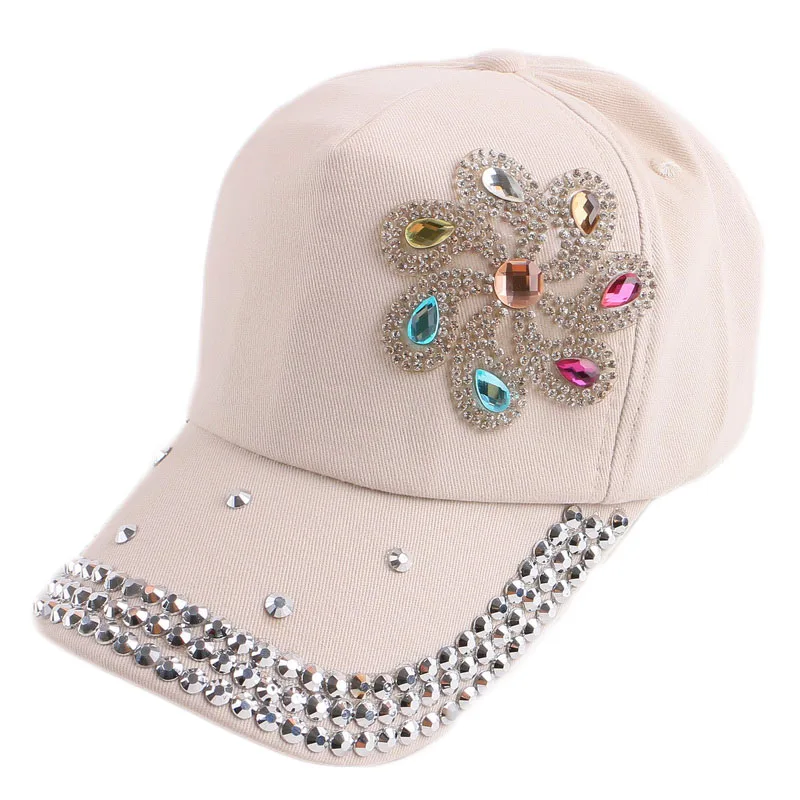 Wholesale high quality fashion colorful rhinestone womens 5 panel bling cotton baseball cap