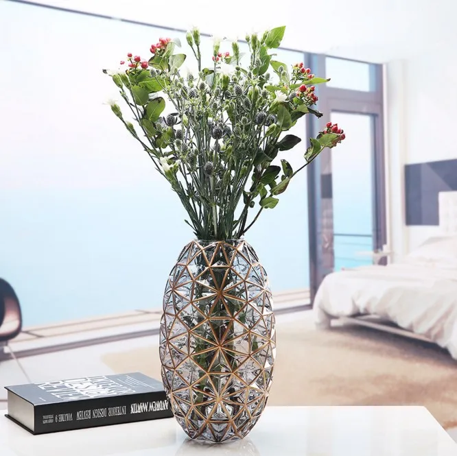 Nordic Style Geometric Design Glass Vase with Gold Hand Painting for Flower Arrangement Home Decor
