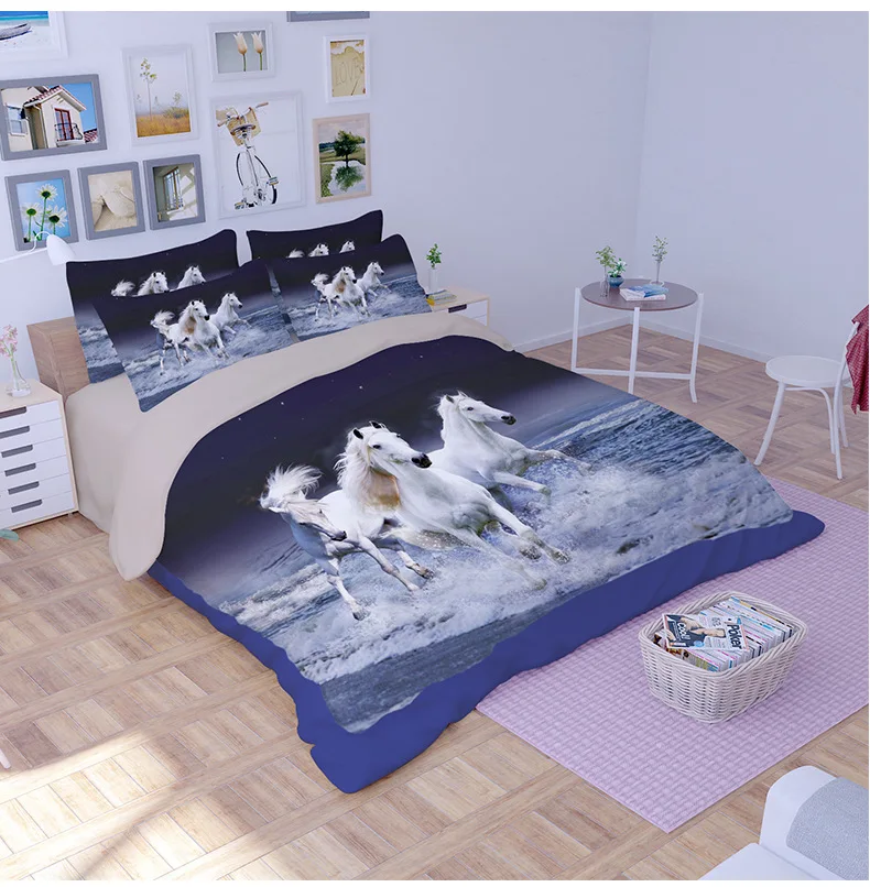 
European Style 3D Running White Horse 100% Polyester Bedclothes With Pillowcase Quilt Cover , Bed Sheet Set , Bedding Set 