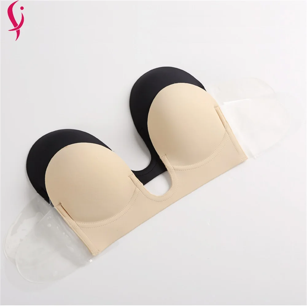 Black Flesh Color One Piece Deep U stype Push Up Cups Invisible Bra