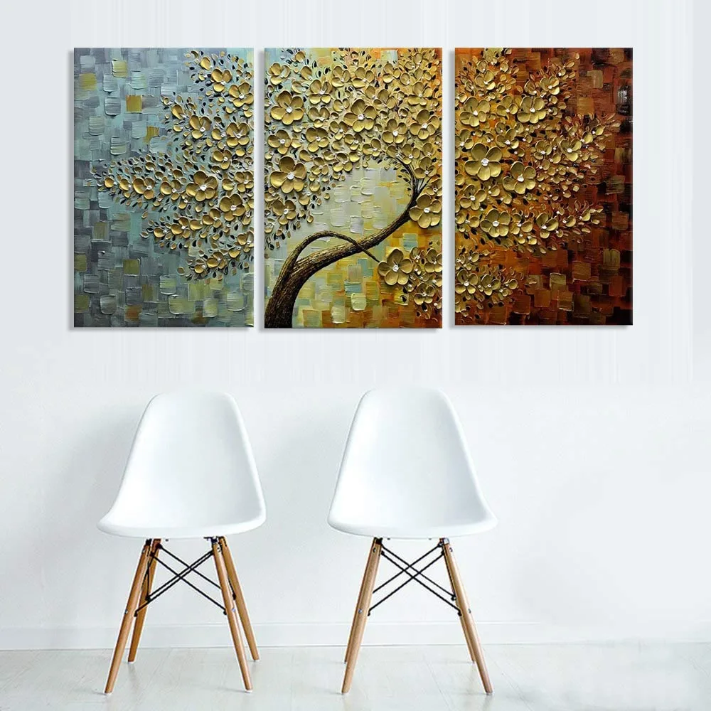 3d-печать, 3 панели, оптовая продажа, ручная роспись, цветок, холст, настенная живопись маслом