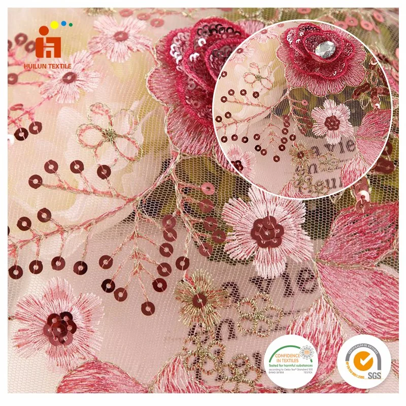 Hot products 2022 polyester mesh pink 3D flower sequin hand beaded embroidery lace