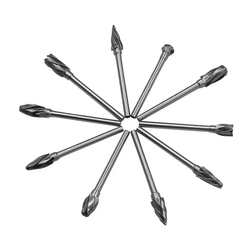 10pcs Tungsten Carbide Rotary Burr SET 3mm Shank Fit Dremel Tools For Dreme Accessories Rotary Files DIY Woodworking Carving