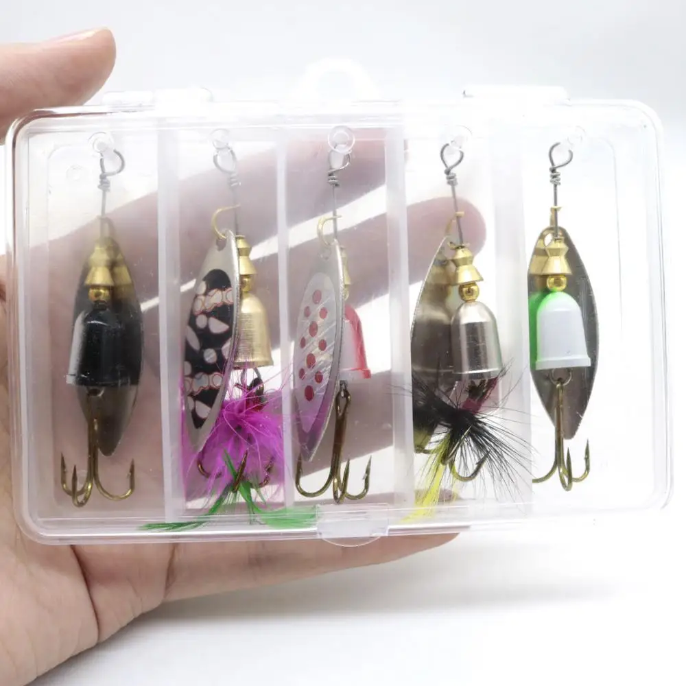 5 шт. в коробке, 5 цветов, Спиннеры, ложка, приманка, Рыболовный набор, 7,7 г, приманка с перьями, металлический Спиннер, набор приманок, жесткая приманка