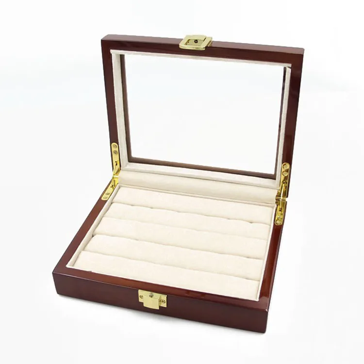 Wholesale fashion cufflinks display box high quality lacquer wooden jewelry glass cover ring jewellery packaging box