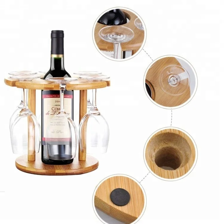 Bamboo Wine Bottle Glass Holder Hanging Upside Down Cup Goblets Display Rack for 6pcs Stemware Glasses and 1 wine bottle